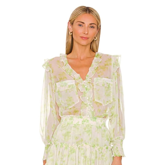 Misa Los Angeles Green Floral Ruffle Blouse Size Medium - Picture 12 of 12